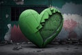 Green broken heart in front of an old building with grunge background