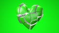 Green broken heart objects in green background. Heart shape object shattered into pieces. Royalty Free Stock Photo