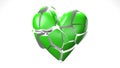 Green broken heart objects in white background. Heart shape object shattered into pieces. Royalty Free Stock Photo