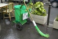 Green broom and garbage pail on street, Paris, France