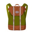 Green and Brown Backpack, Front View of Schoolbag or Camping Knapsack Flat Style Vector Illustration on White Background