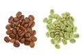 Green and brown coffee beans isolated on white background close up. Top view. Flat lay Royalty Free Stock Photo