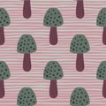 Green and brown seamless pattern with mushrooms. Pink and grey background in pale palette