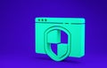Green Browser with shield icon isolated on blue background. Security, safety, protection, privacy concept. 3d