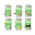 Green bubble gum cartoon character with various types of business emoticons