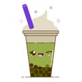 Green bubble milk tea ads with delicious tapioca black pearls. Cute bubble tea kawaii smiled character. Taiwanese famous Royalty Free Stock Photo