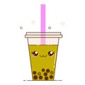 Green bubble milk tea ads with delicious tapioca black pearls. Cute bubble tea kawaii smiled character. Taiwanese famous and Royalty Free Stock Photo