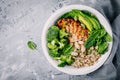 Green buddha bowl lunch with grilled chicken and quinoa, spinach, avocado, broccoli and white beans Royalty Free Stock Photo