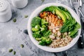 Green buddha bowl lunch with grilled chicken and quinoa, spinach, avocado, broccoli and white beans Royalty Free Stock Photo