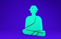Green Buddhist monk in robes sitting in meditation icon isolated on blue background.  3d illustration 3D render Royalty Free Stock Photo