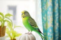 Green budgerigar sitting in the room