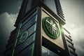 green building certification symbol on exterior of high-rise tower Royalty Free Stock Photo