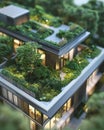 Green building design, lush rooftop gardens, model, aerial view, bright natural light , 8K resolution