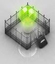 Green bulb light with padlock closed fence concept Royalty Free Stock Photo