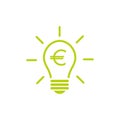Green bulb with rays and euro sign flat icon. Isolated on white. Electric Light Price icon Royalty Free Stock Photo