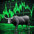 Green bull surrounded by green charts with trading background