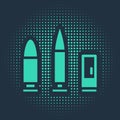 Green Bullet and cartridge icon isolated on blue background. Abstract circle random dots. Vector