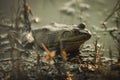 Green Bullfrog perched in a small pond Royalty Free Stock Photo