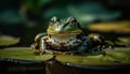 Green bullfrog sitting on wet leaf, looking at camera outdoors generated by AI Royalty Free Stock Photo