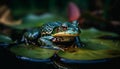 Green bullfrog sitting on wet leaf, looking at camera outdoors generated by AI Royalty Free Stock Photo