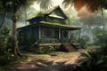 Green bungalow in sunny forest, created using generative ai technology