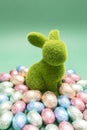 Green bunny, rabbit surrounded by small Easter chocolate eggs, sweets wrapped in colorful Royalty Free Stock Photo