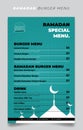 Green burger menu template in ramadan month with silhouette mosque design