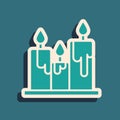 Green Burning candles icon isolated on green background. Cylindrical candle stick with burning flame. Long shadow style Royalty Free Stock Photo