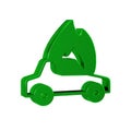 Green Burning car icon isolated on transparent background. Car on fire. Broken auto covered with fire and smoke.