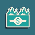 Green Burning dollar bill icon isolated on green background. Dollar bill on fire. Burning of savings. Long shadow style Royalty Free Stock Photo