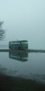 Empty Green Bus On Foggy Lagoon: Cinematic Still Shot Inspired By Sergei Parajanov