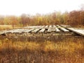 Autumn landscape on the ruins of an old factory, yellow trees an