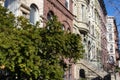 Green Bush along a Row of Beautiful and Colorful Old Brownstone Homes on the Upper West Side of New York City Royalty Free Stock Photo