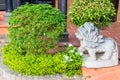 Green bush with lion statue of stone Royalty Free Stock Photo