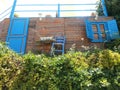 Green bush on a sunny day against wooden wall with decorative blue window, door and chair with table Royalty Free Stock Photo