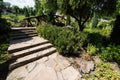 Green bushes and stones near stairs and wooden bridge