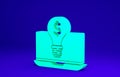Green Business light bulb with dollar on laptop screen icon isolated on blue background. User touch screen. Minimalism Royalty Free Stock Photo