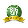 Green button and ribbon with words `Big Sale Best Prices` Royalty Free Stock Photo