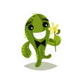 Green cactus with bow-tie and flower in hand. Funny succulent plant with happy face expression. Flat vector icon