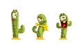 Green Cactus with Different Emotions Set, Funny Emojis Plant Characters Cartoon Vector Illustration