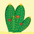 Green cactus with flowers on yellow background Royalty Free Stock Photo