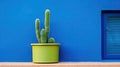 a green cactus in a green pot against a blue wall. generative ai