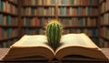 Green cactus grows from open old book pages in library. Knowledge, study, and learning concept. Thorns on plant symbolize Royalty Free Stock Photo