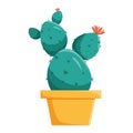 Green cactus in an oval or round pot. Home plant with thorns and thorns. Vector illustration in flat cartoon style