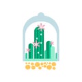 Green cactus plants with pink flowers under transparent dome. Flat vector icon of home succulents in glass florarium