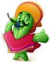 Green cactus in traditional mexican clothes poncho and sombrero singing karaoke. Cinco de mayo fiesta festival