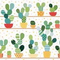Green cactuses in red and yellow pots. Seamless vector pattern with exotic plants on shelves Royalty Free Stock Photo