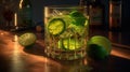 Green Caipirinha Cocktails with two Lemons Blurred Background Royalty Free Stock Photo
