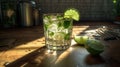 Green Caipirinha Cocktails with two Lemons Blurred Background Royalty Free Stock Photo