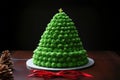 AI generated. Green cake from cream in the form of a Christmas tree on plate with cones on wooden table